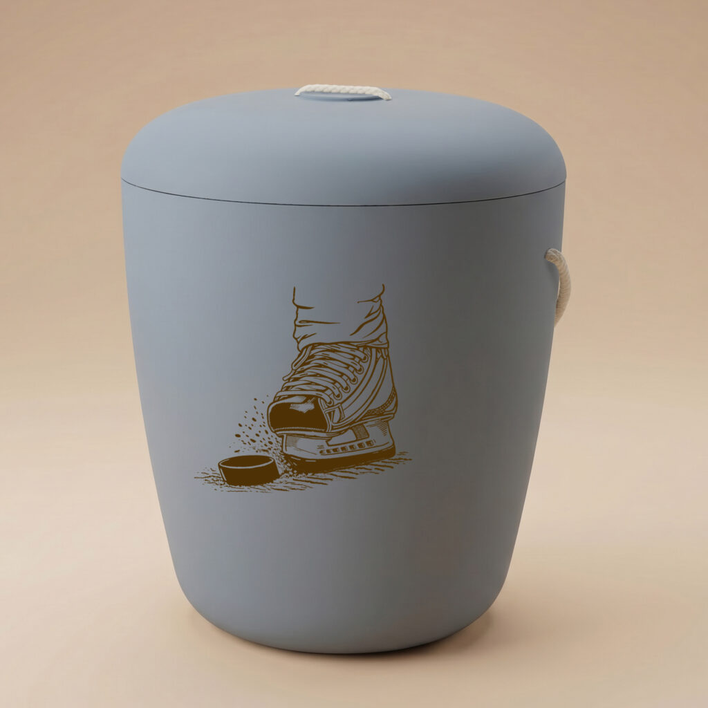 Ahti biodegradable urn with ice hockey engraving in dark blue by UrnBT