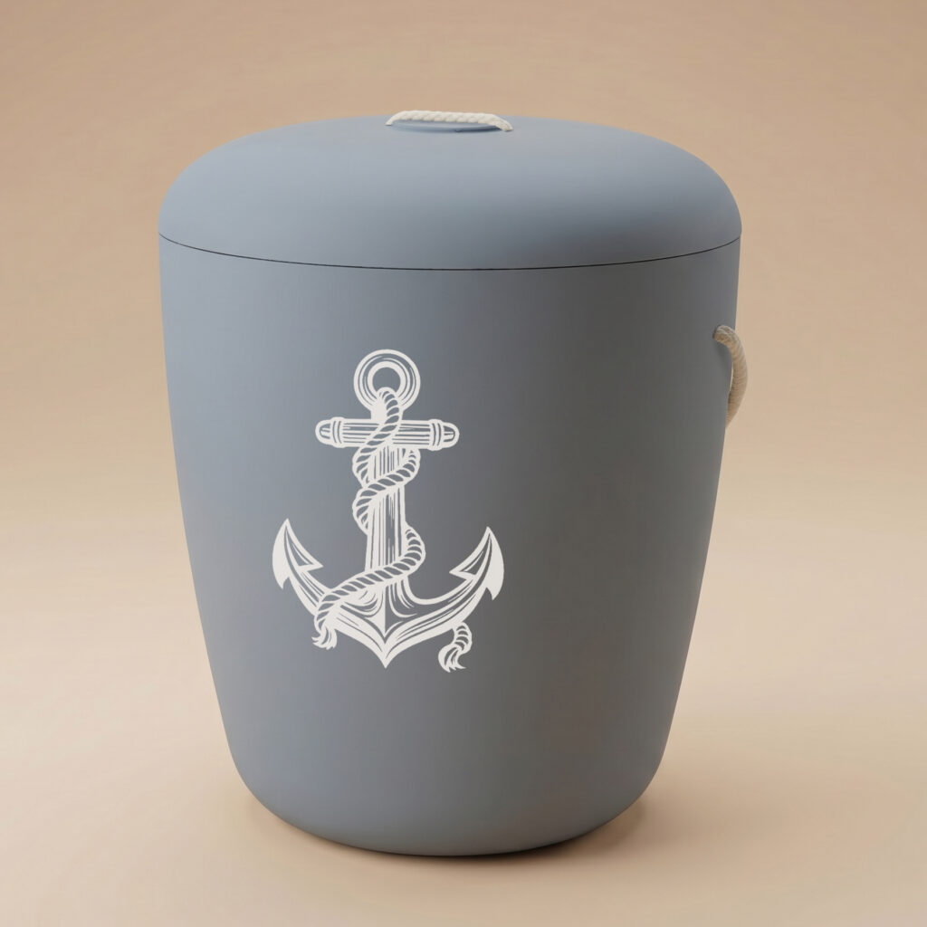 Ahti biodegradable urn with anchor engraving in dark blue by UrnBT