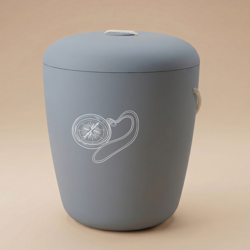 Blue biodegradable cremation urn with compass design