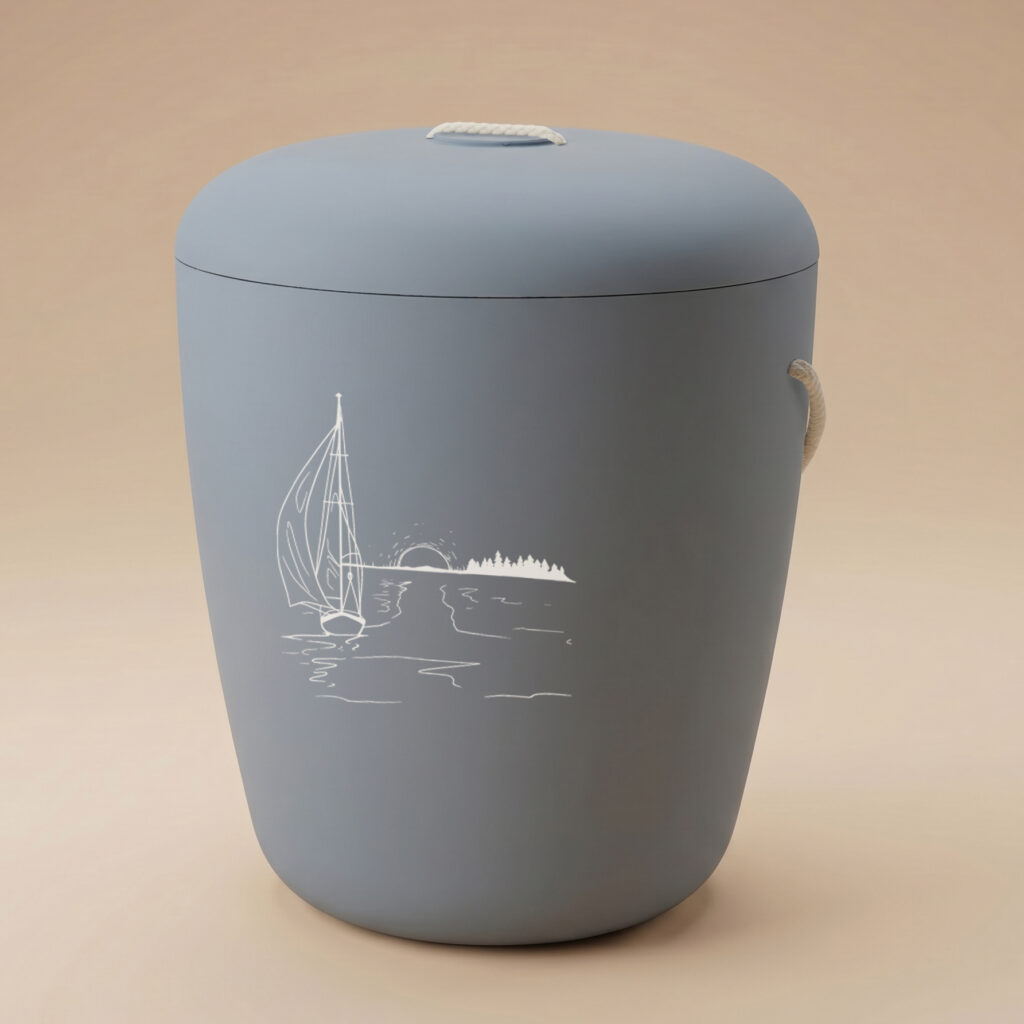 Ahti biodegradable urn with sailboat engraving in dark blue by UrnBT