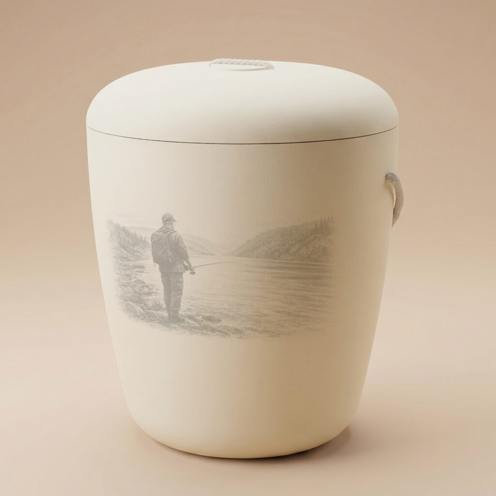 Aure biodegradable urn with out fishing engraving in pale yellow by UrnBT