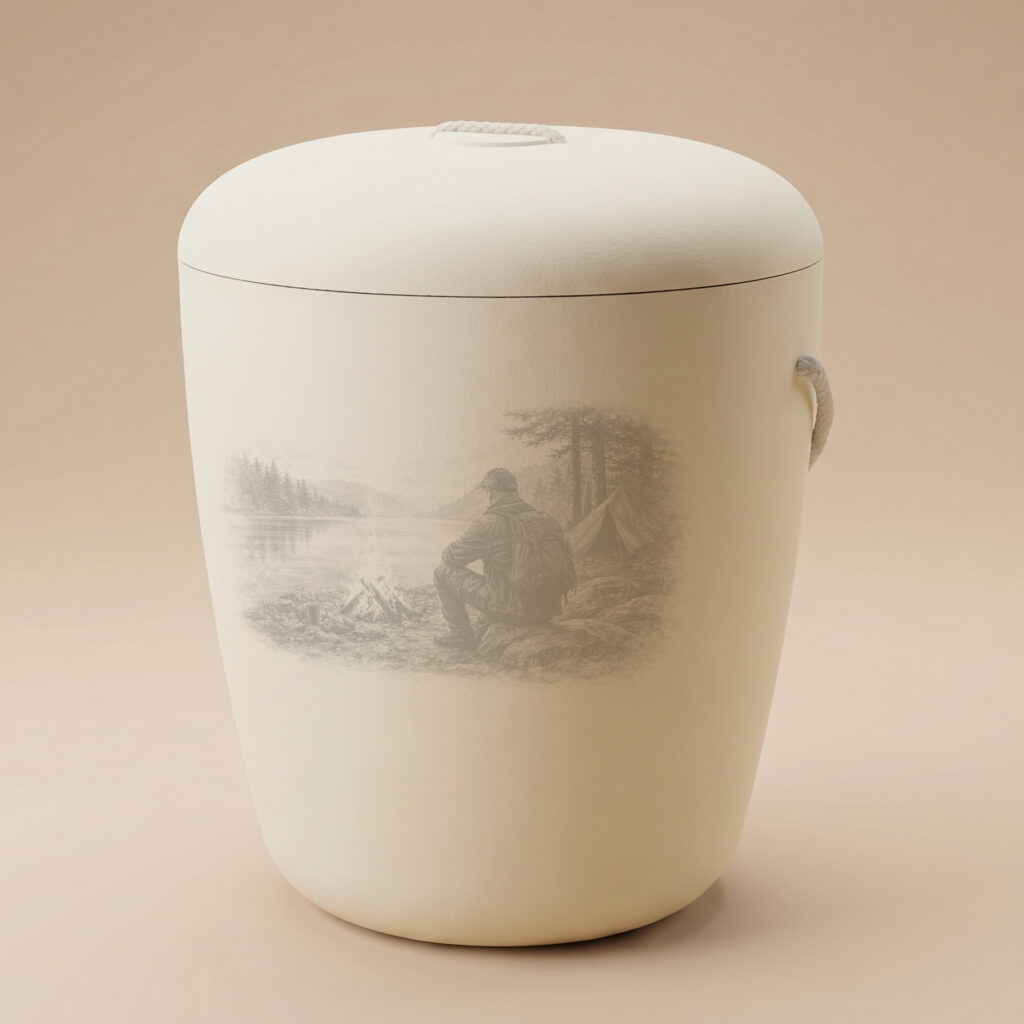 Aure biodegradable urn with campfire engraving in pale yellow by UrnBT