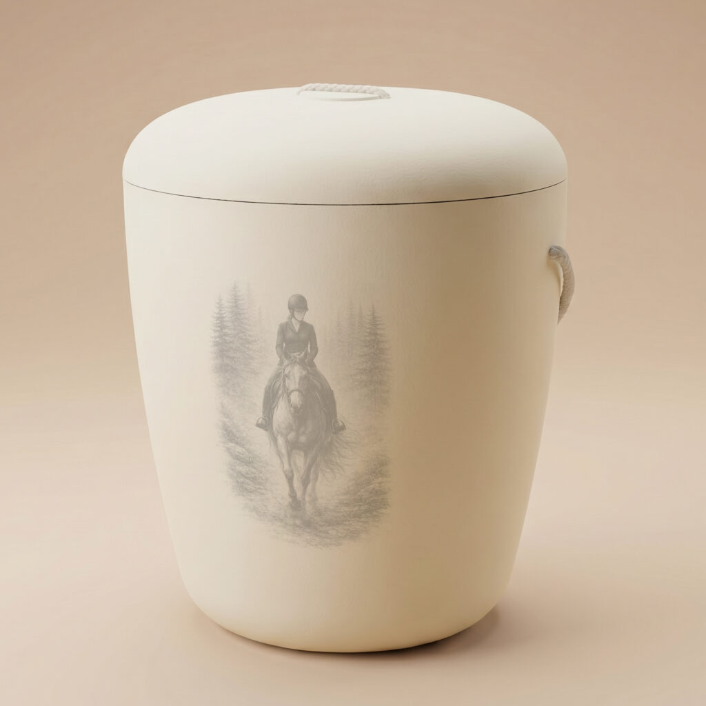 Aure biodegradable urn with horse riding engraving in pale yellow by UrnBT
