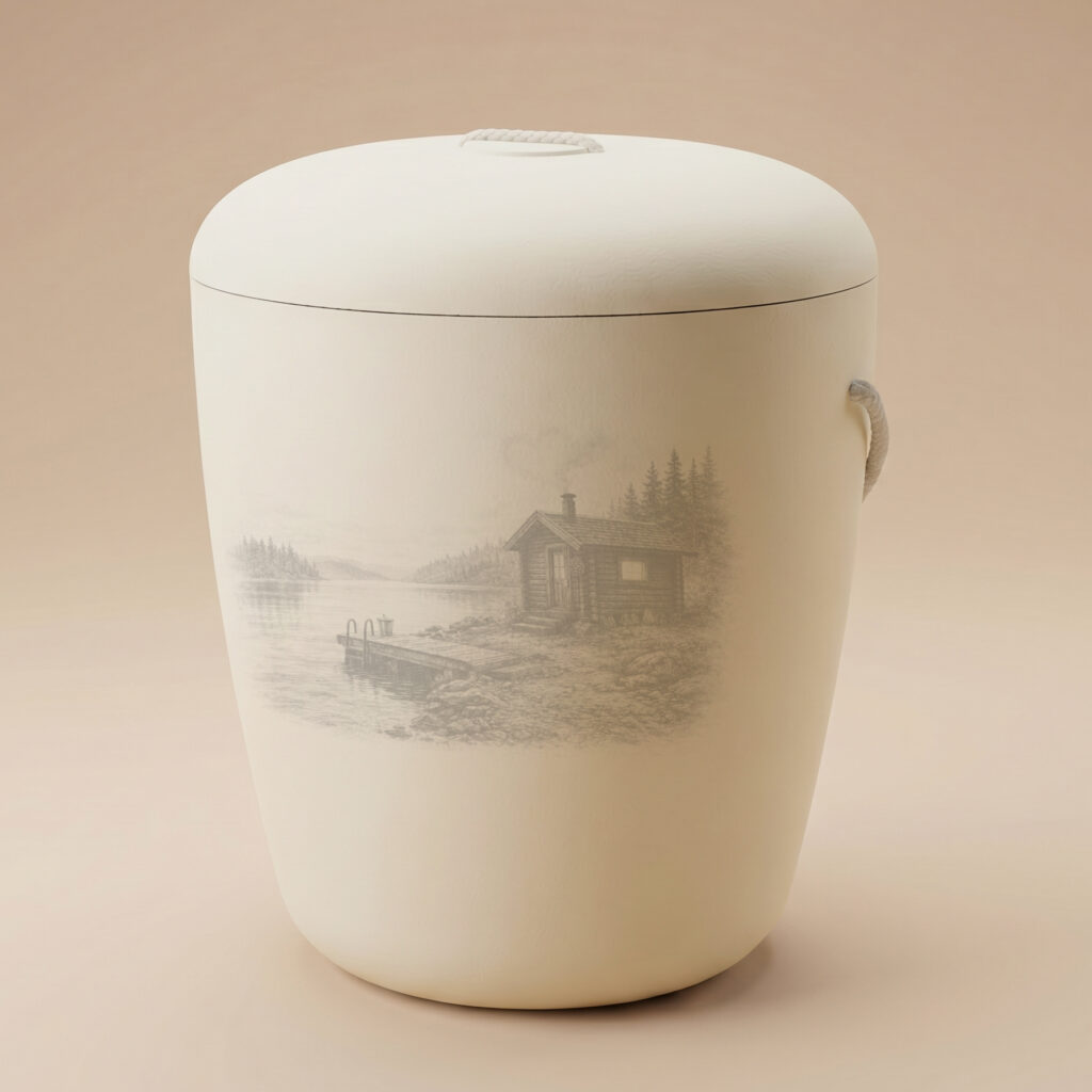 Aure biodegradable urn with sauna view engraving in pale yellow by UrnBT