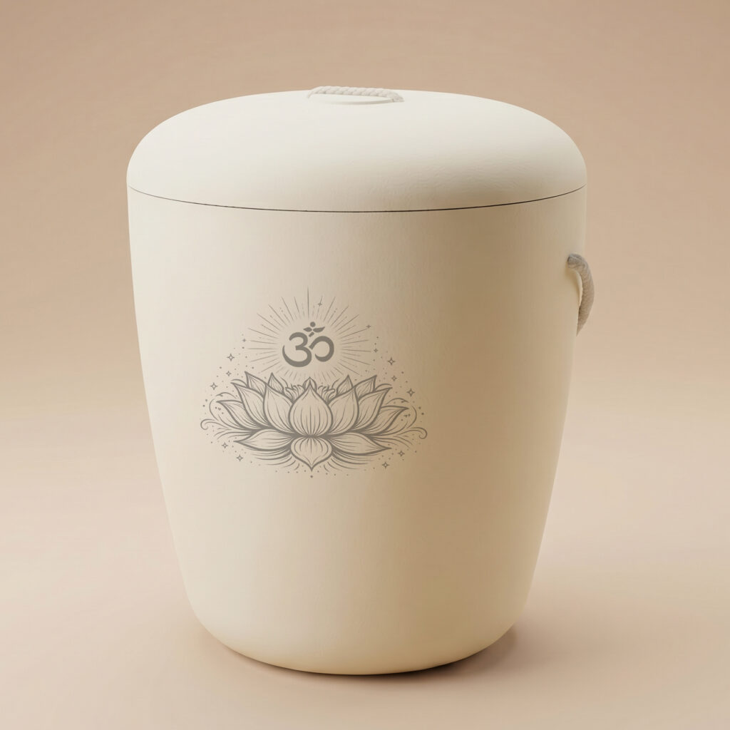 Aure biodegradable urn with om symbol engraving in pale yellow by UrnBT
