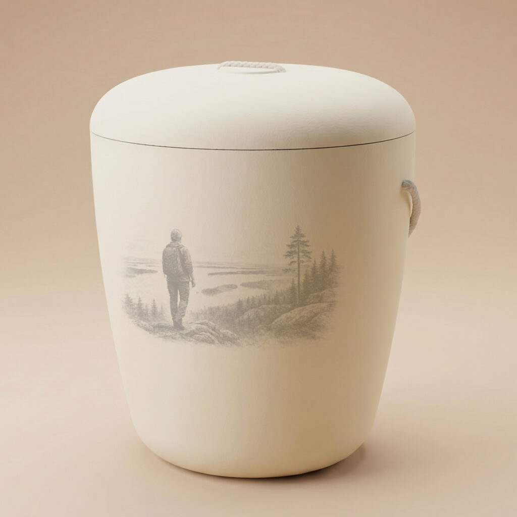 Aure biodegradable urn with hiker engraving in pale yellow by UrnBT