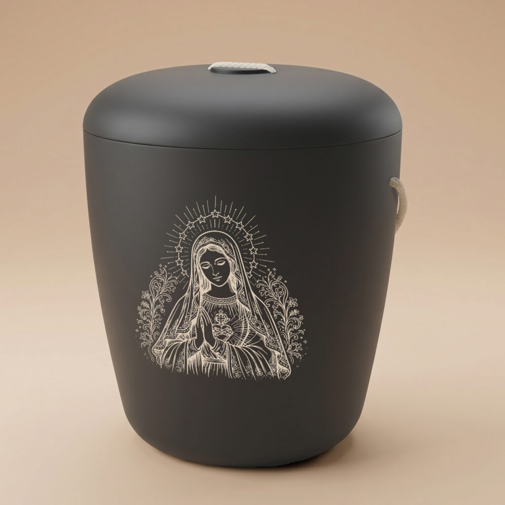 Kuutamo biodegradable urn with virgin mary engraving in black by UrnBT
