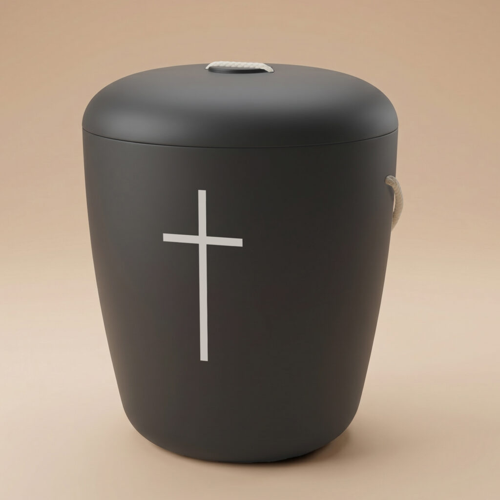 Kuutamo biodegradable urn with cross engraving in black by UrnBT