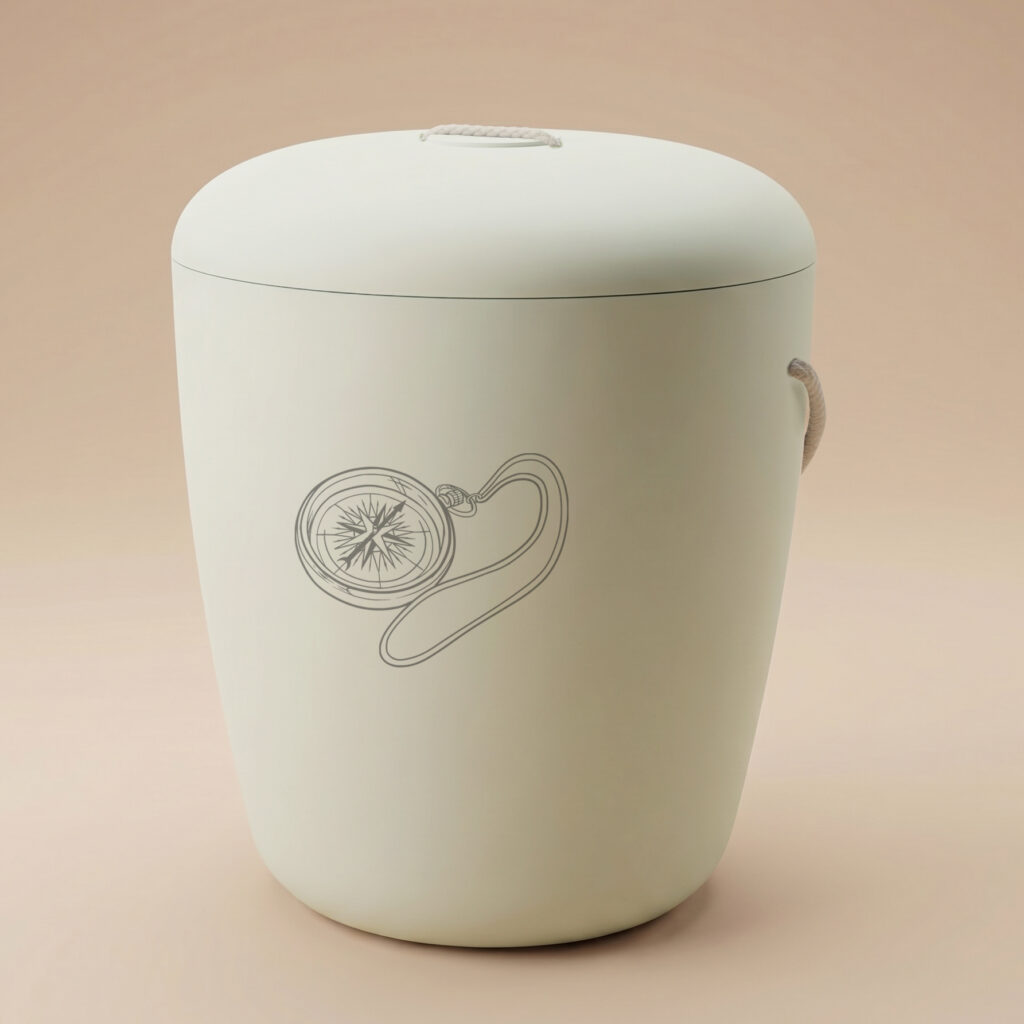 Leino biodegradable urn with compass engraving in light green by UrnBT