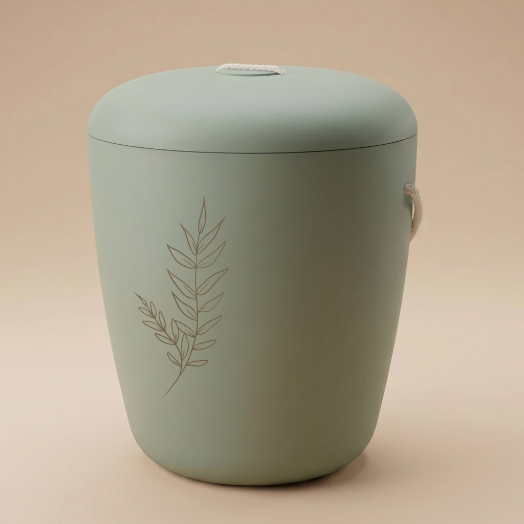 Tuomi biodegradable urn with olive leaf engraving in dark green by UrnBT