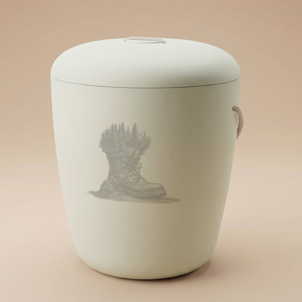 Light green biodegradable cremation urn with hiking boot design