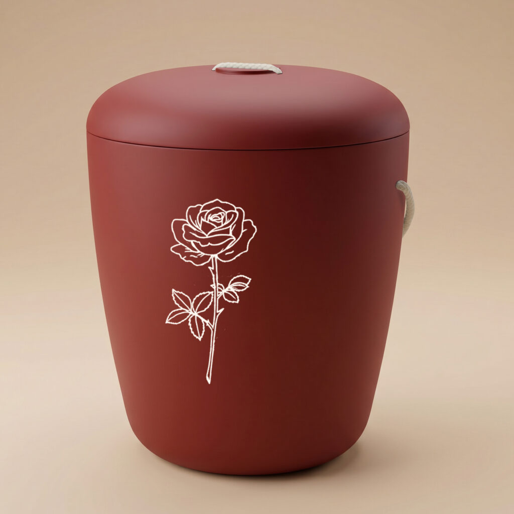 Miela biodegradable urn with rose engraving in deep red by UrnBT