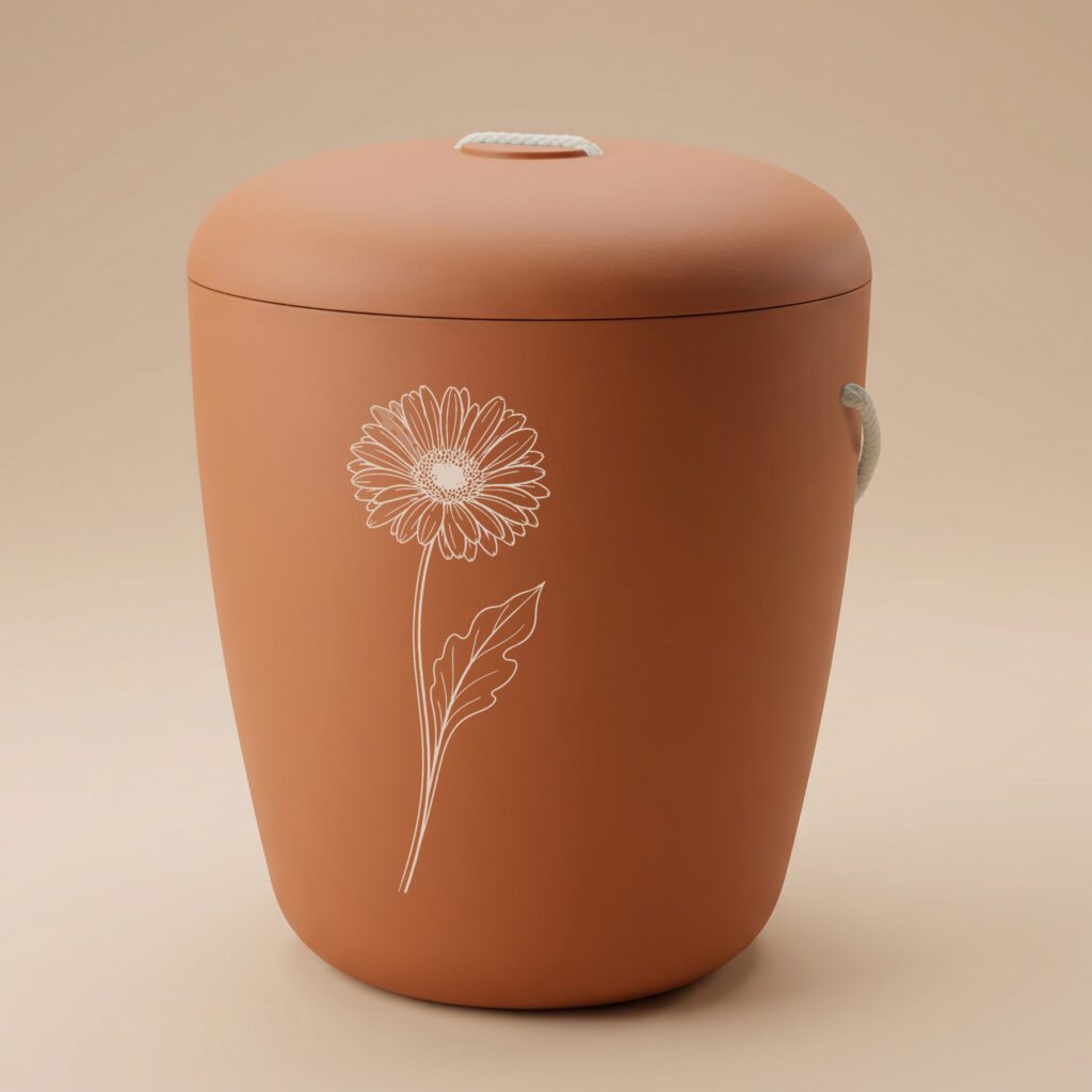 Otra biodegradable urn with gerbera engraving in orange by UrnBT