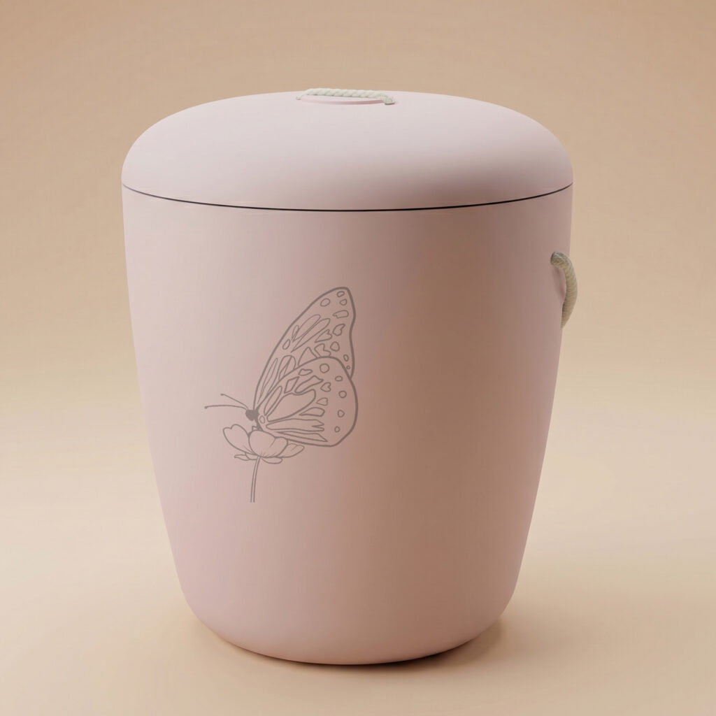 Pioni biodegradable urn with butterfly engraving in light pink by UrnBT