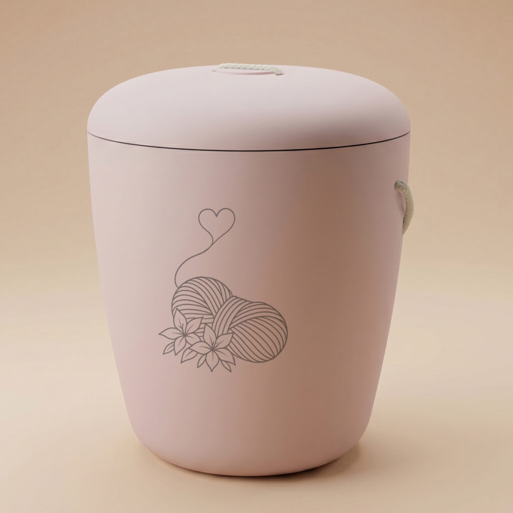 Pink biodegradable cremation urn with yarn ball design