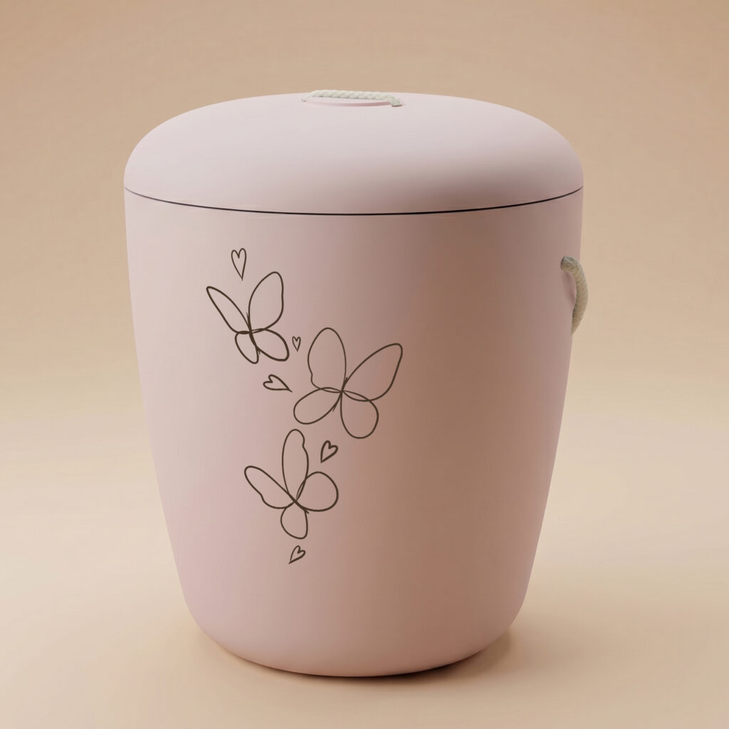 Pink biodegradable cremation urn with butterflies and hearts design