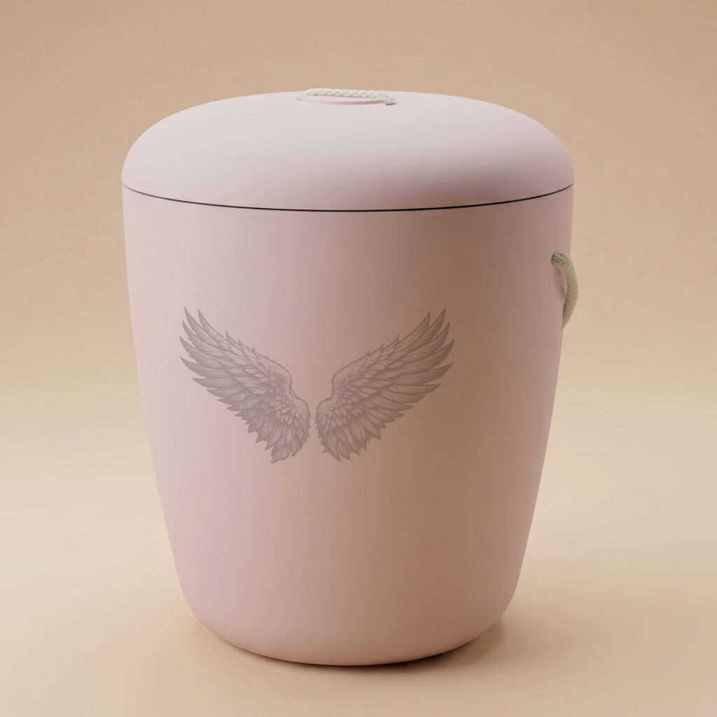Pink biodegradable cremation urn with angel wings design