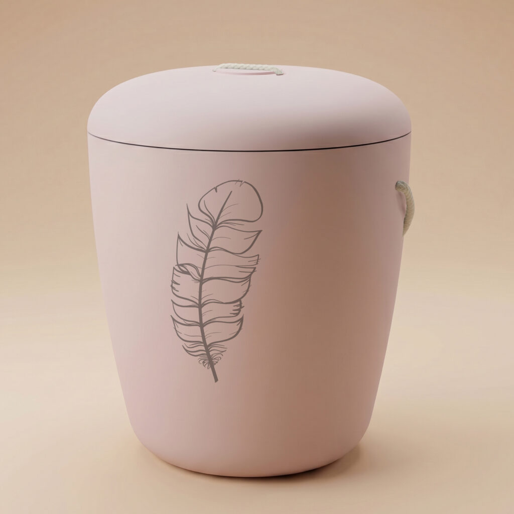 Pioni biodegradable urn with feather engraving in light pink by UrnBT