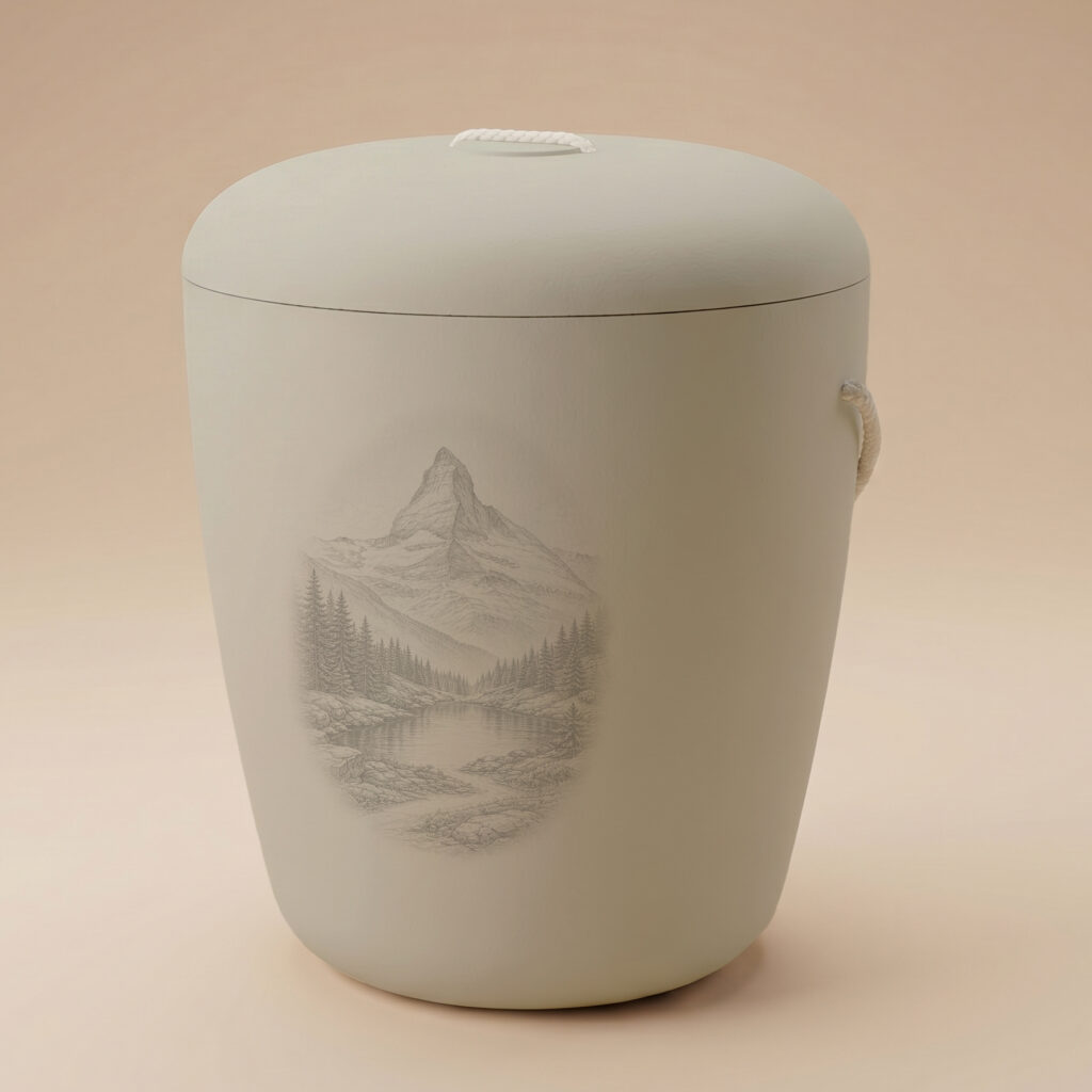 Beige biodegradable cremation urn with Matterhorn mountain landscape