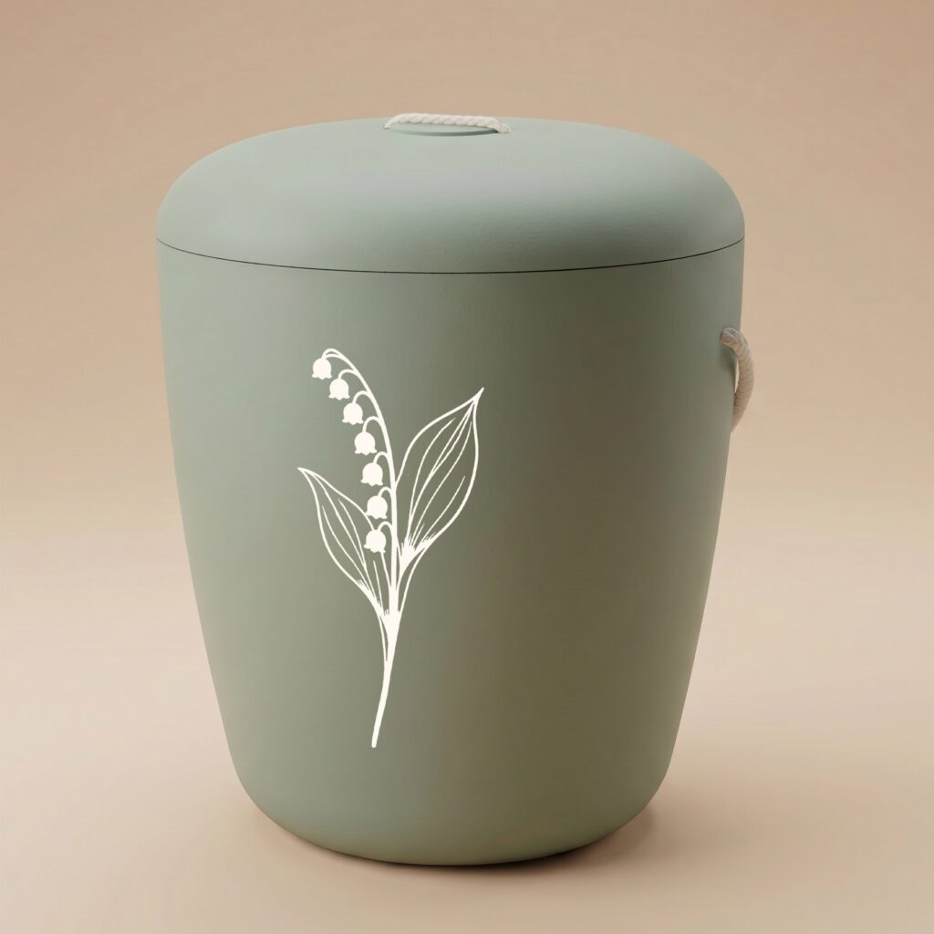 Tuomi biodegradable urn with lily engraving in dark green by UrnBT