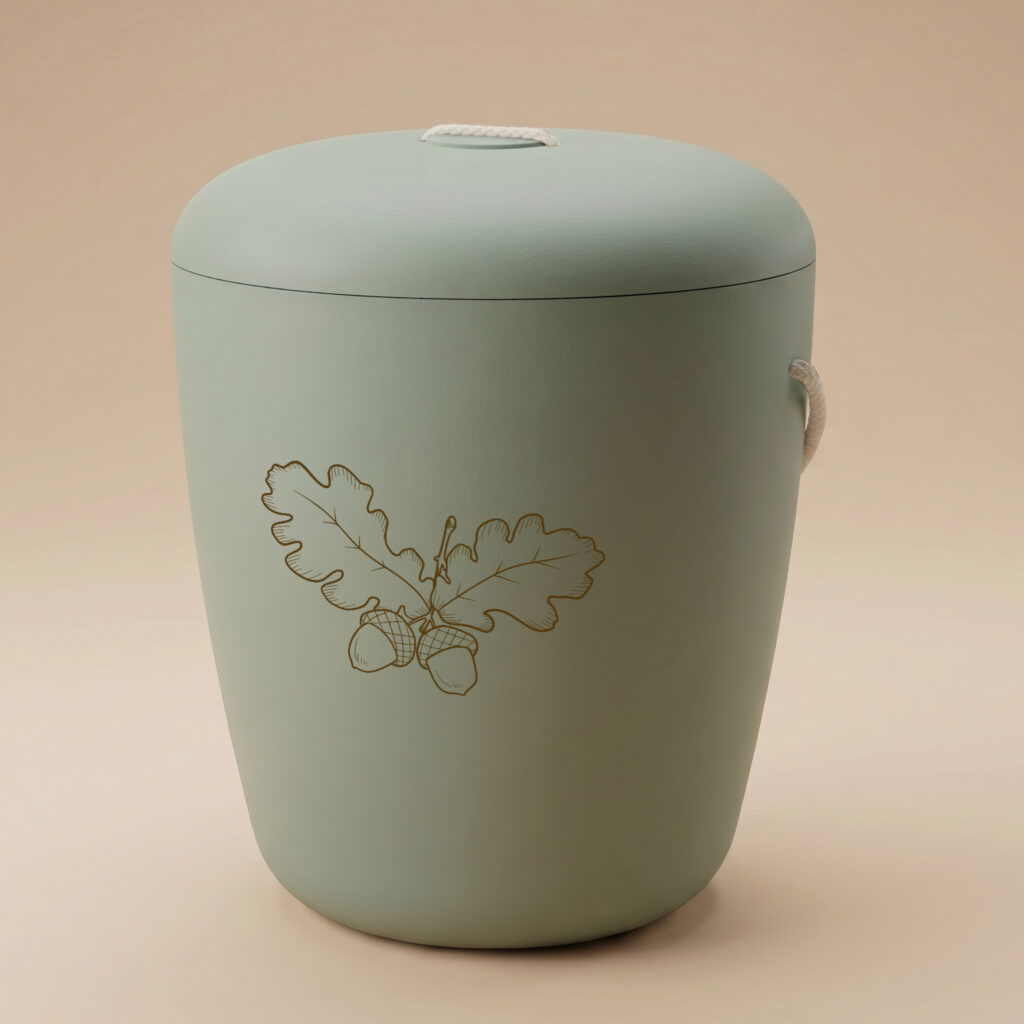 Tuomi biodegradable urn with acorn engraving in dark green by UrnBT