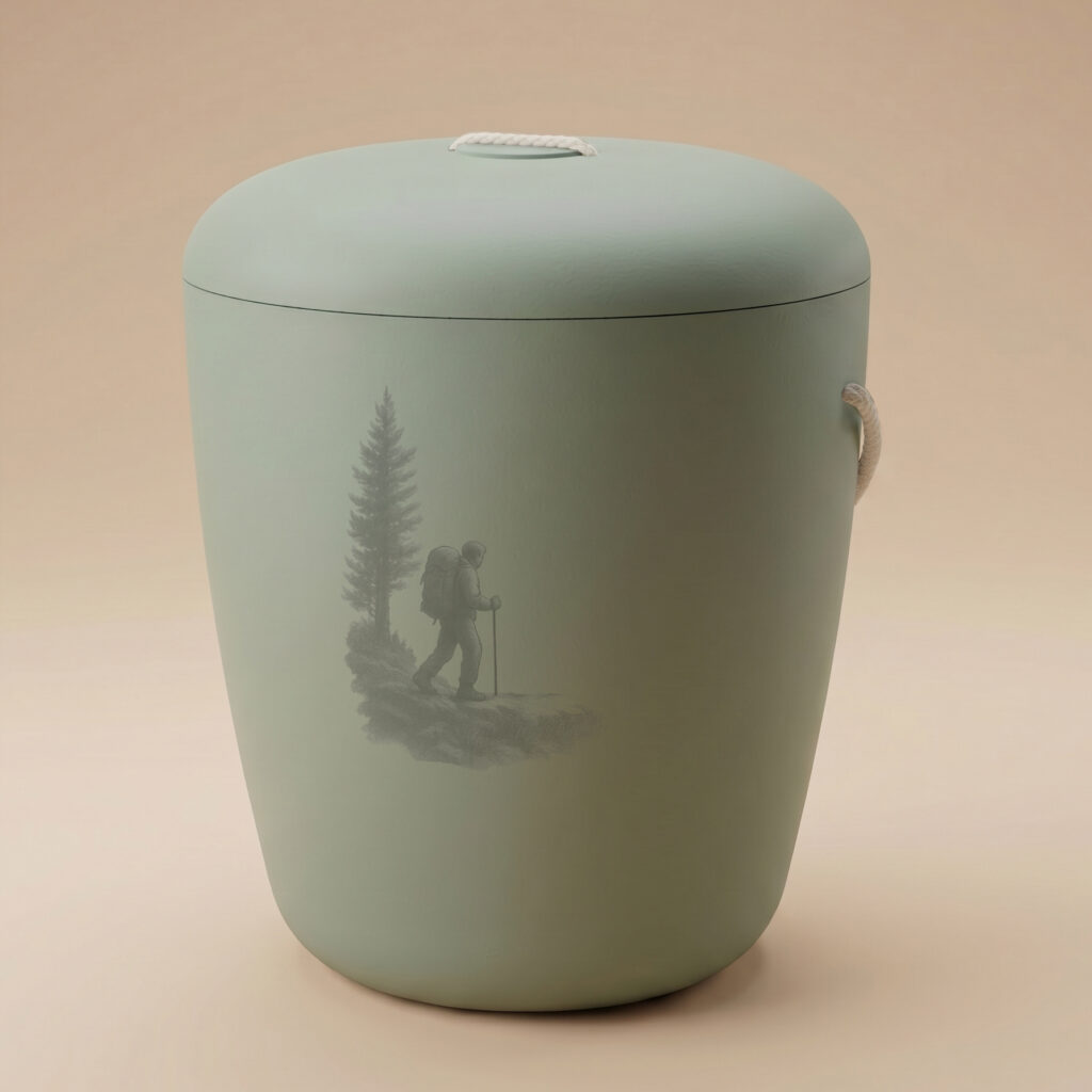 Green biodegradable cremation urn with hiker design