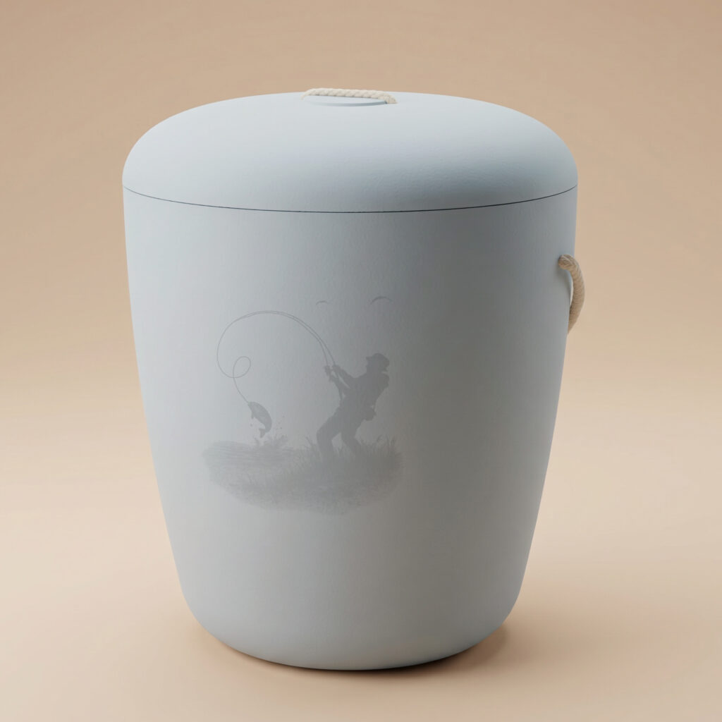 Unti biodegradable urn with fisherman engraving in light blue by UrnBT