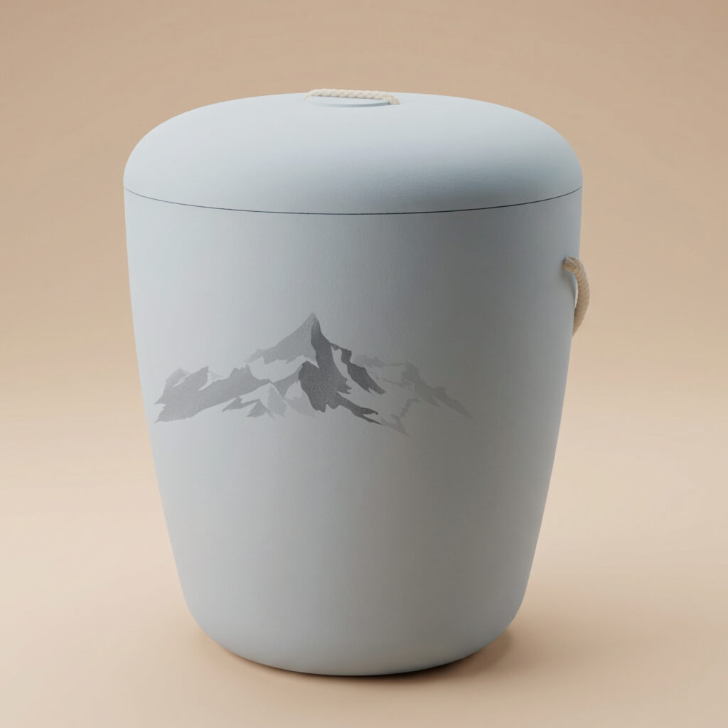 Unti biodegradable urn with mountain engraving in light blue by UrnBT