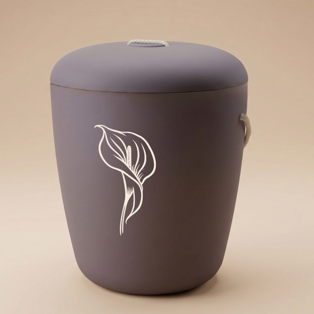 Valto biodegradable urn with calla lily engraving in purple by UrnBT