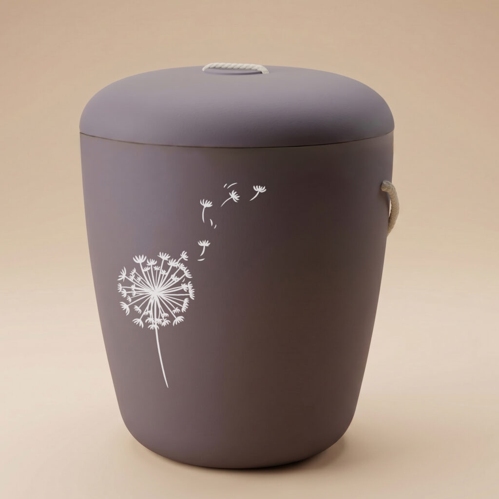 Valto biodegradable urn with dandelion engraving in purple by UrnBT