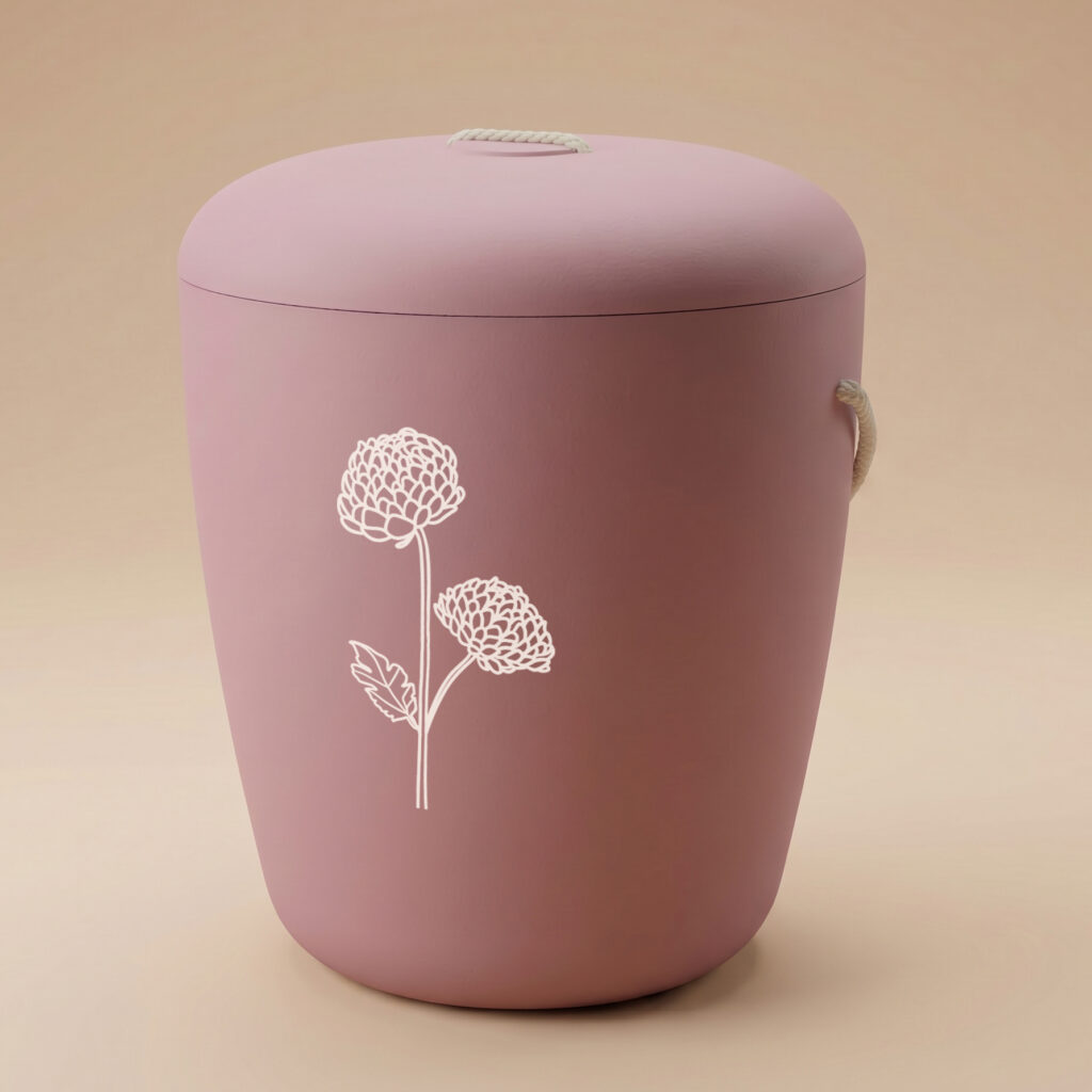 Vieno biodegradable urn with mum engraving in rose pink by UrnBT