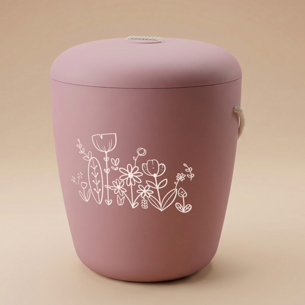Vieno biodegradable urn with bloom engraving in rose pink by UrnBT