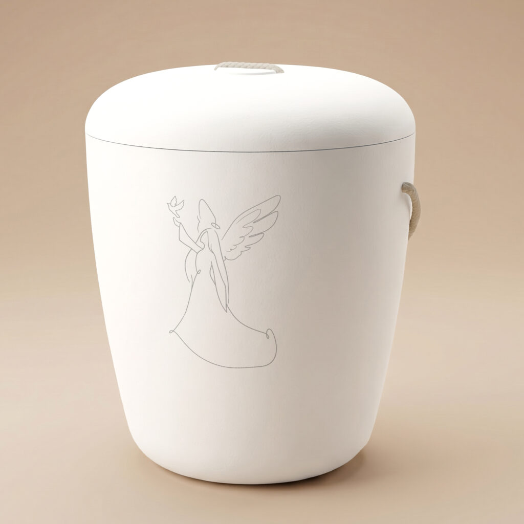 Viti biodegradable urn with Angel engraving in white by UrnBT