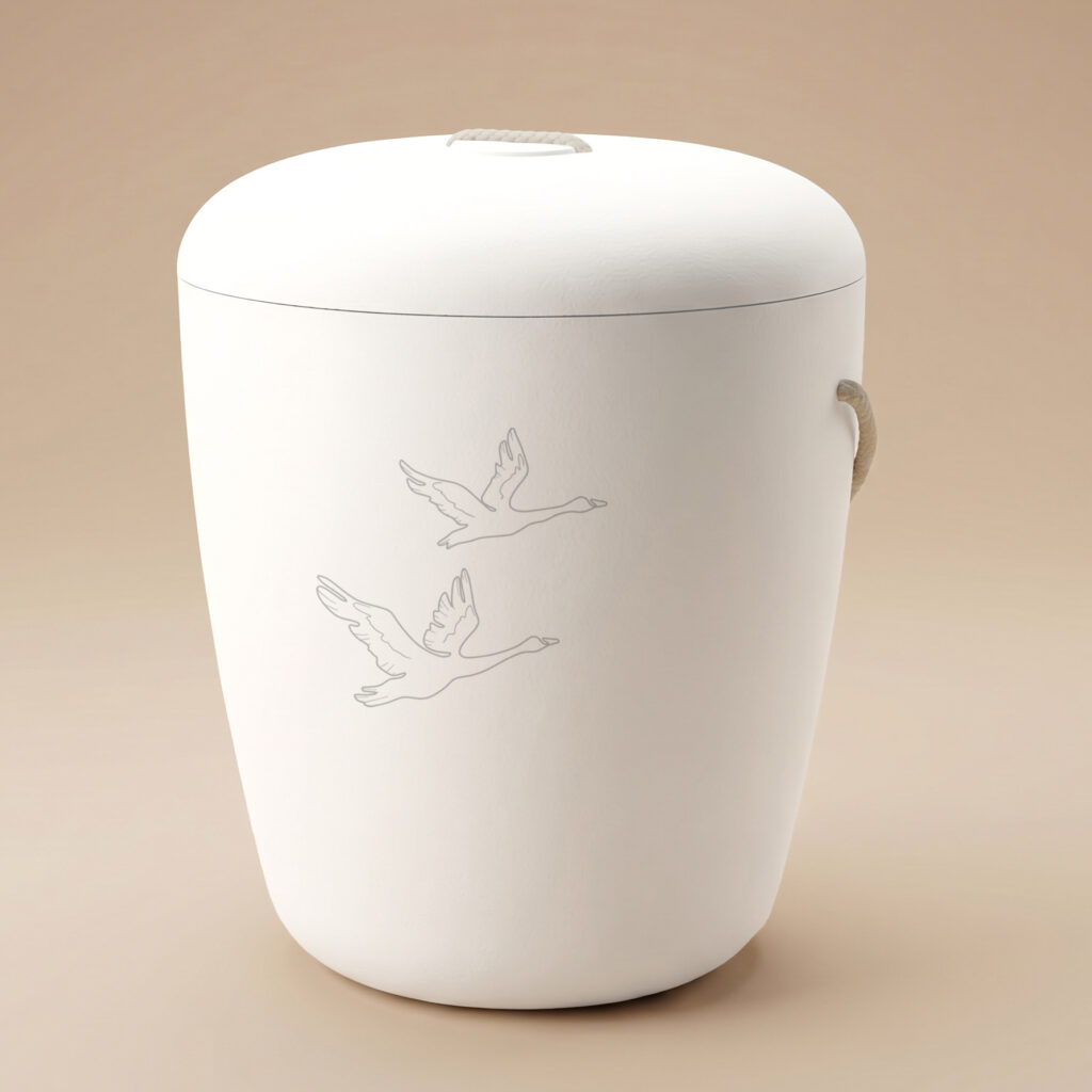 Viti biodegradable urn with swan engraving in white by UrnBT